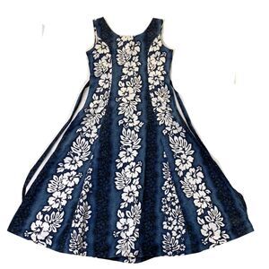 Navy Blue White Floral Hawaiian Sleeveless A-Line Dress Size S